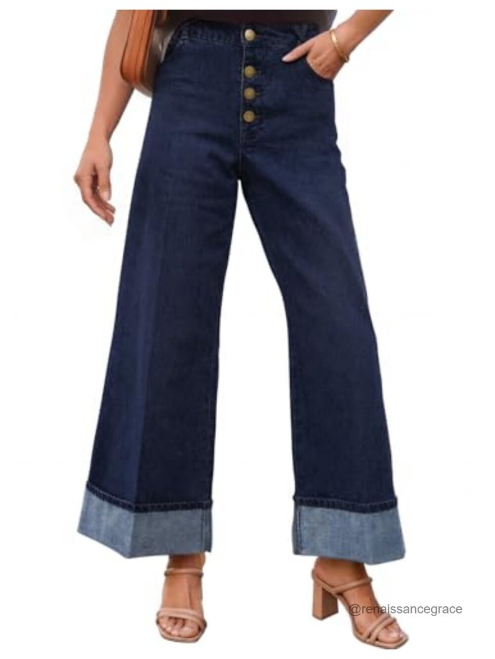 Wide Leg Mid Rise Buttoned Straight Leg Jeans Turned-up Hem
